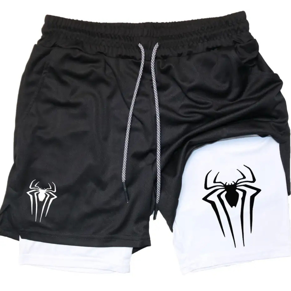 Casual Spider Print Double-layer Sports Fitness Shorts