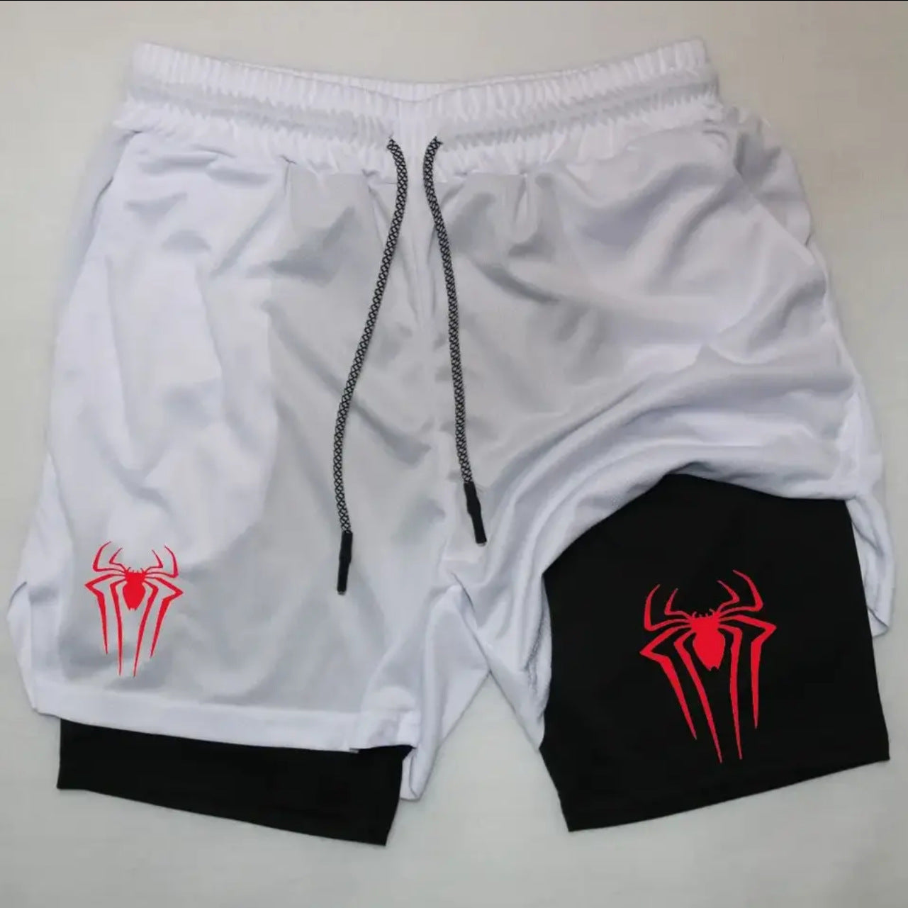 Casual Spider Print Double-layer Sports Fitness Shorts