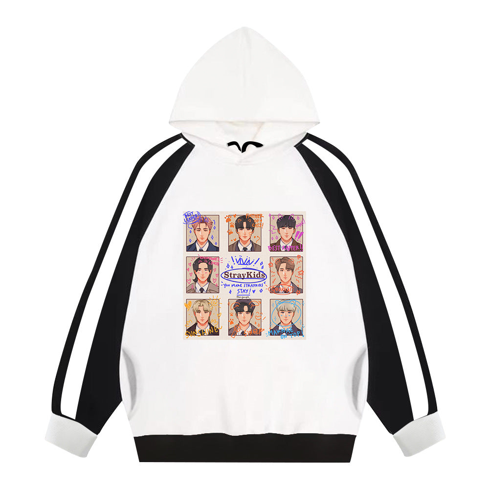 Cartoon SKZ Print Color Block Hoodie