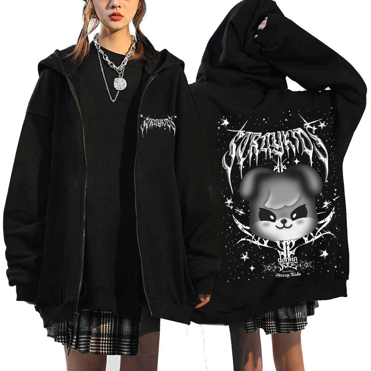 Evil SKZ Animal Characters Print Zip Up Black Hoodie