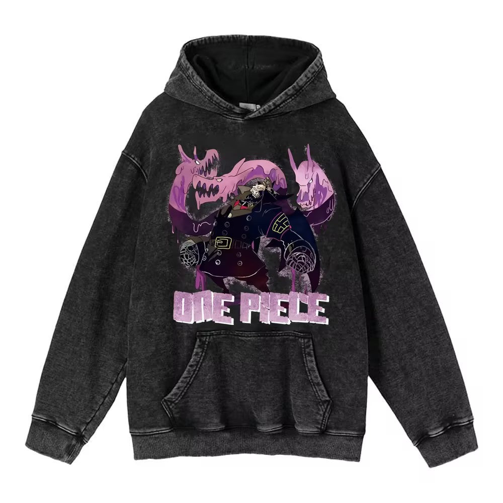 Retro Anime Printed Pullover Washed Hoodie