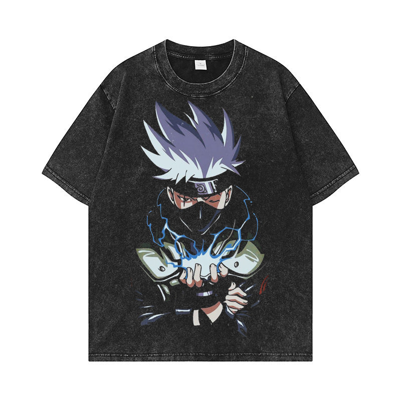 Unisex Washed Anime Graphic Loose T-shirt