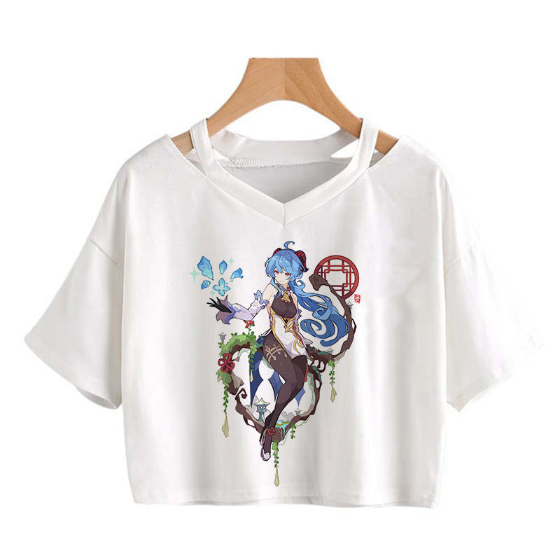 Cute Girls Hutao Game Print Cropped T-shirt