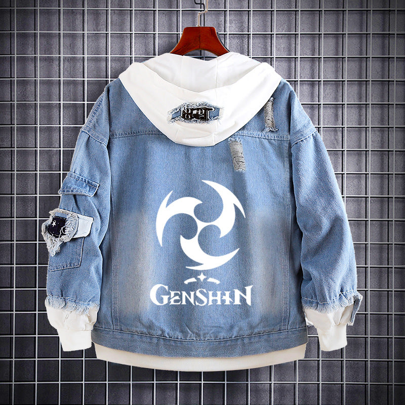 Unisex Game Logo Loose Hooded Denim Coat