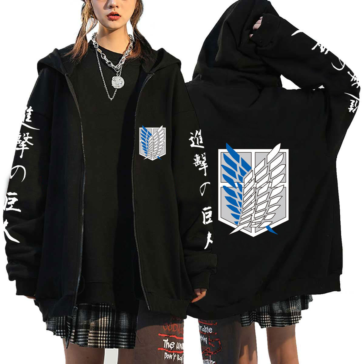 Unisex Anime Print Casual Black Zipper Hoodie