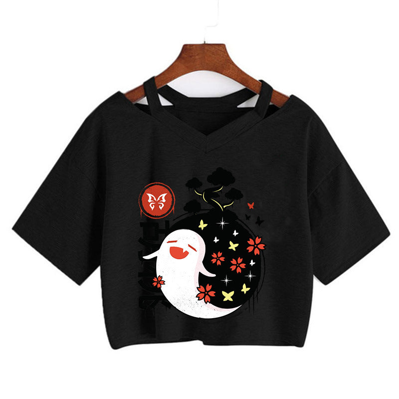 Cute Girls Hutao Game Print Cropped T-shirt