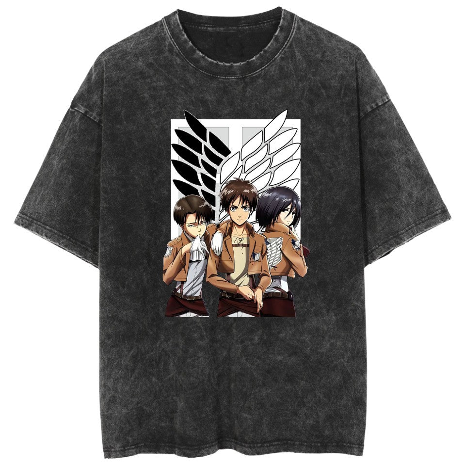 Unisex Casual Washed Anime Cotton T-shirt