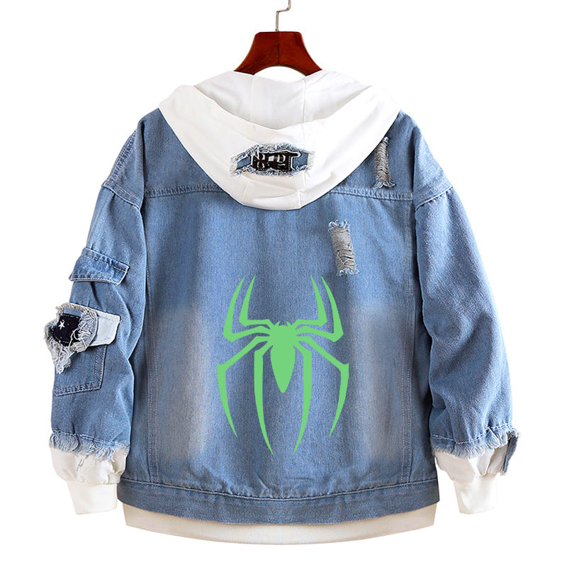 Unisex Comic Spider Fake Two Piece Hooded Denim Jacket