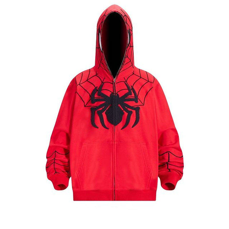 Unisex Gothic Dark Spider Print Zip Up Loose Hoodie