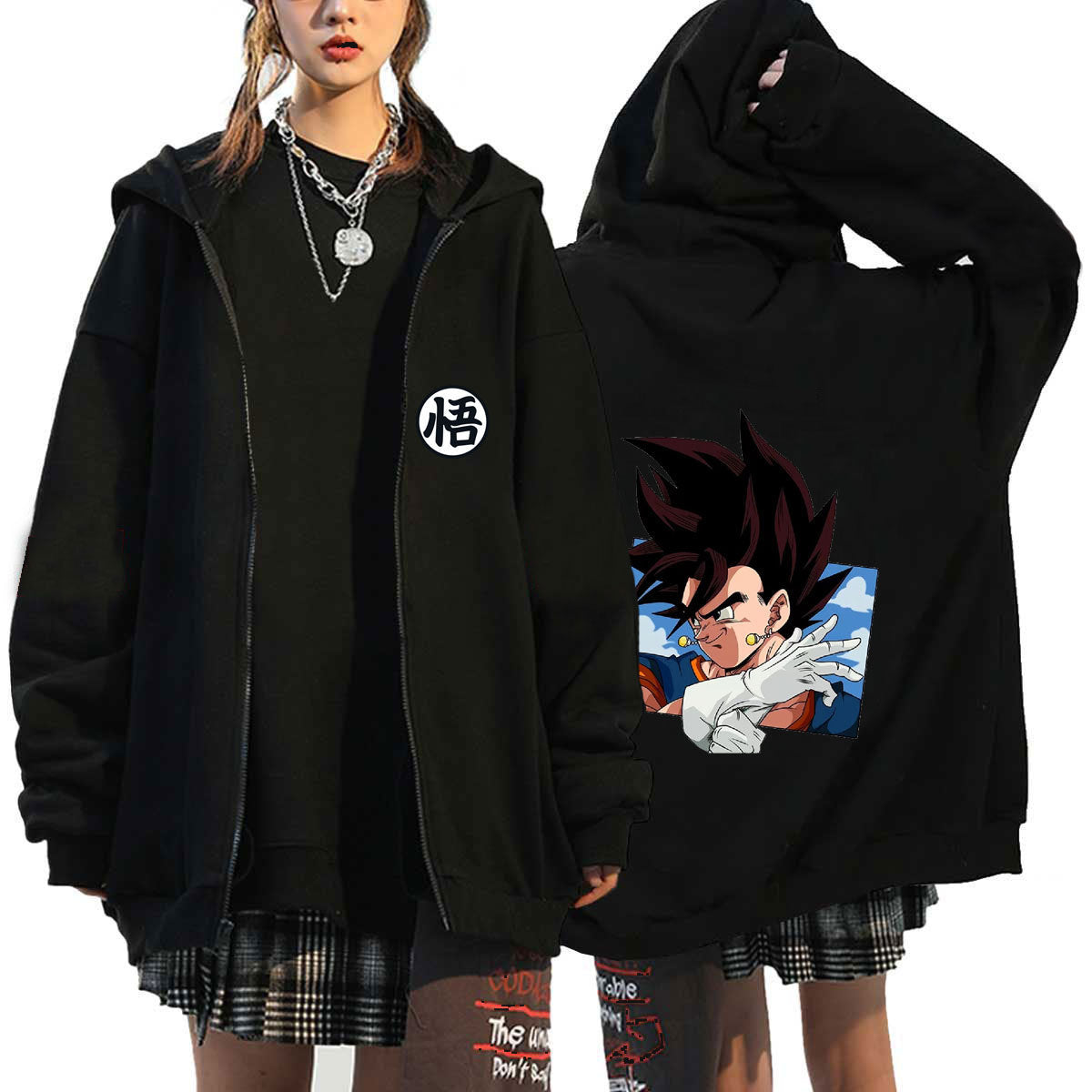 Versatile Anime Printed Zipper Black Hoodie