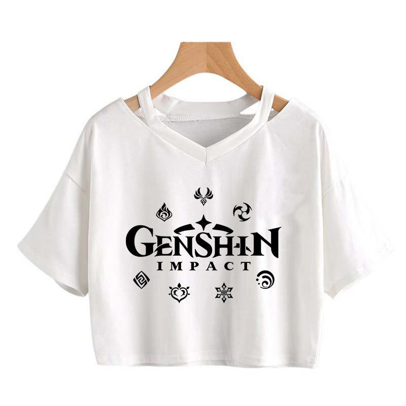 Cute Girls Hutao Game Print Cropped T-shirt