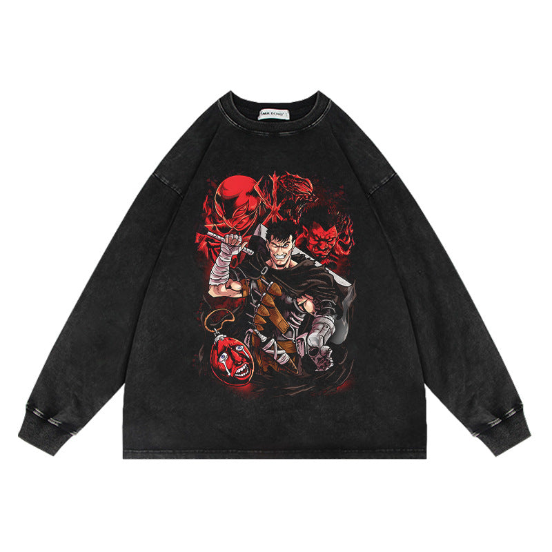 Casual Anime Washed Crew Neck Loose Sweatshirt