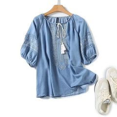 Women's Fringed Lace-up Ethnic Embroidered Denim Blouse