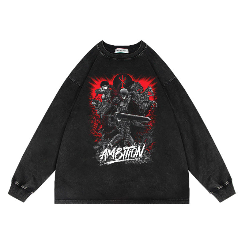 Casual Anime Washed Crew Neck Loose Sweatshirt