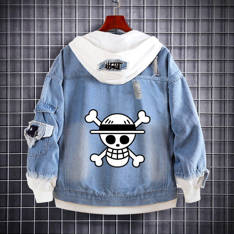 Unisex Luffy Graphic Print Hooded Denim Jacket