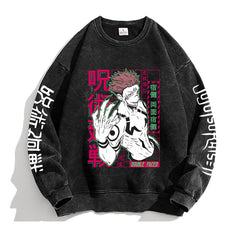 Vintage Washed Round Neck Anime Printed Sweatshirt