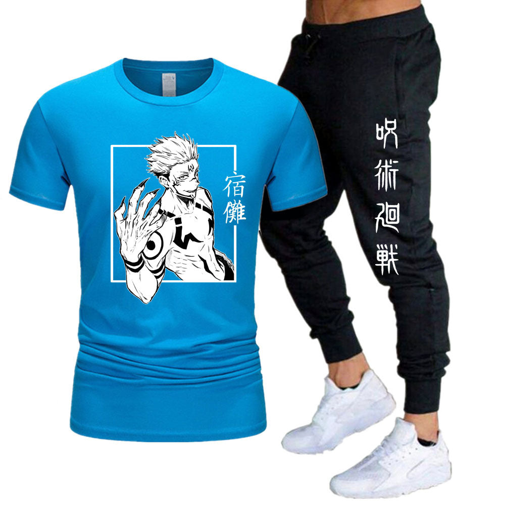 Men's Anime Printed T-shirt Sports Pants Set