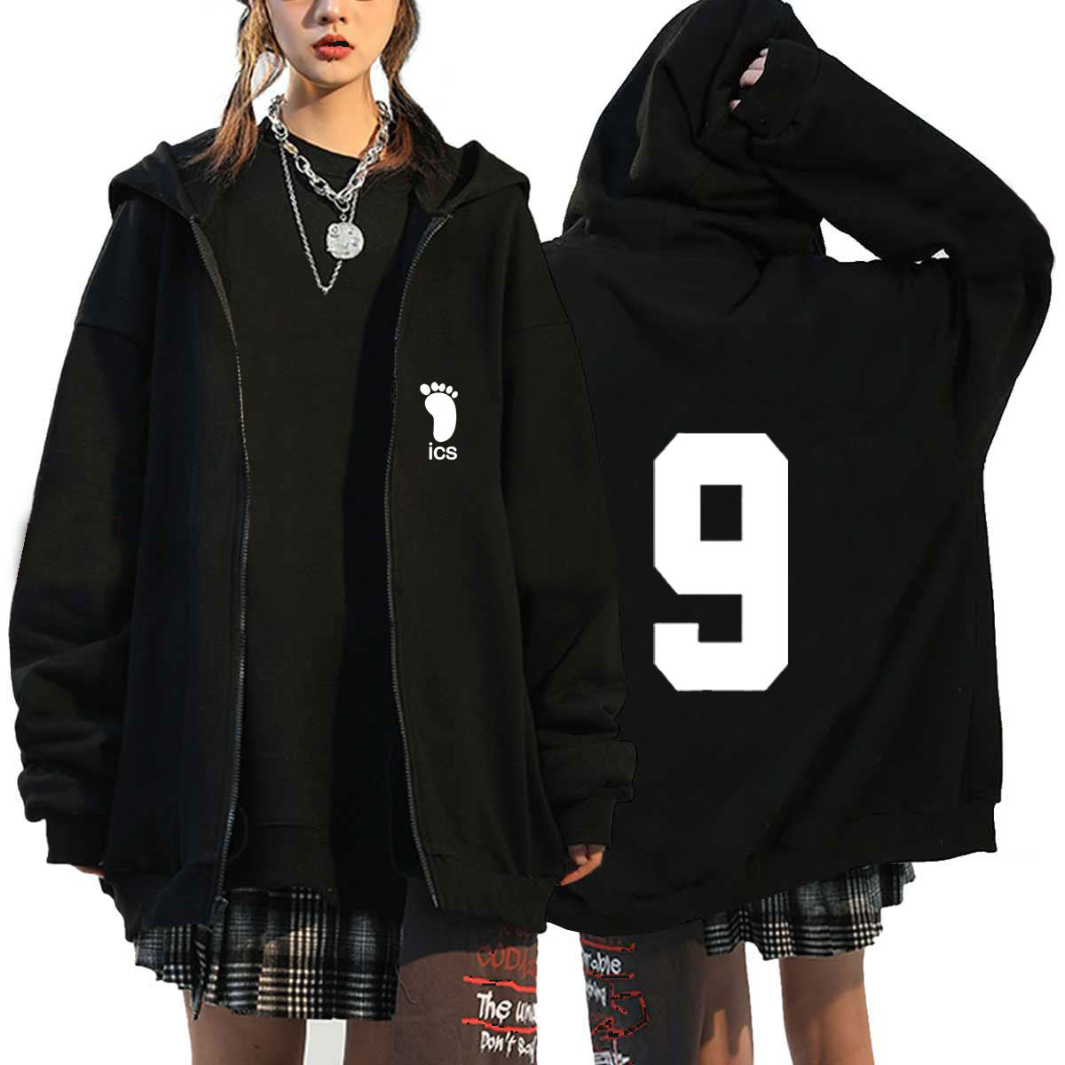 Unisex Anime Letter Print Zipper Black Hoodie