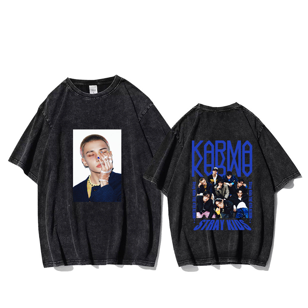 KPOP KARMA Character LOGO Printed Washed T-shirt