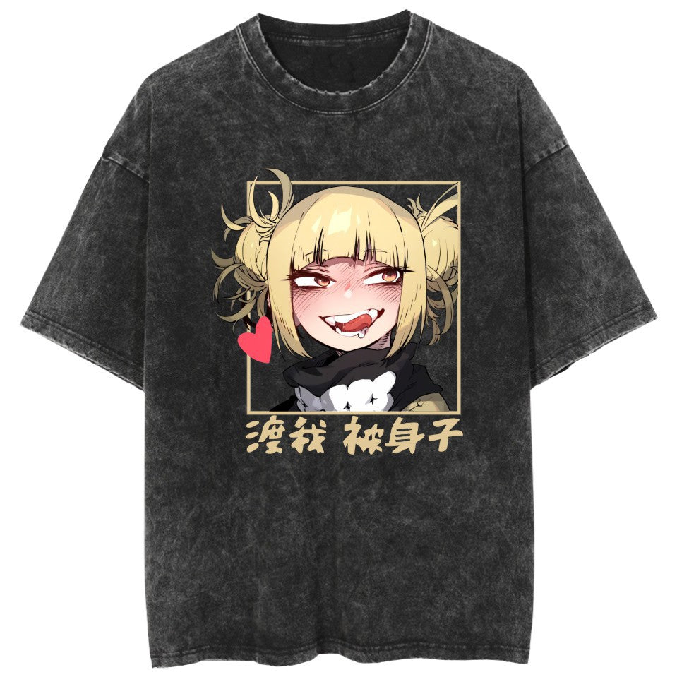 Trendy Anime Pattern Crew Neck Washed T-Shirt