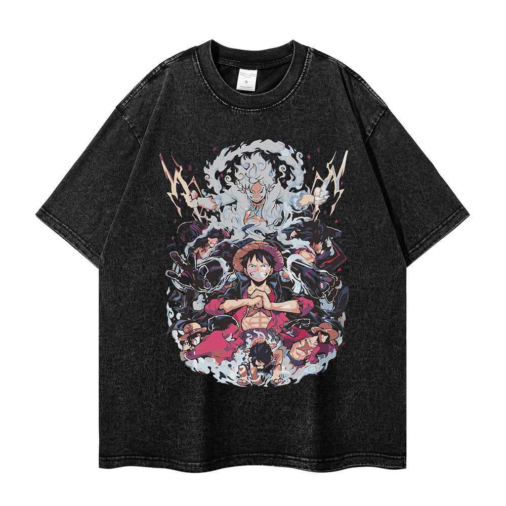 Retro Unisex Luffy Printed Washed Loose T-shirt