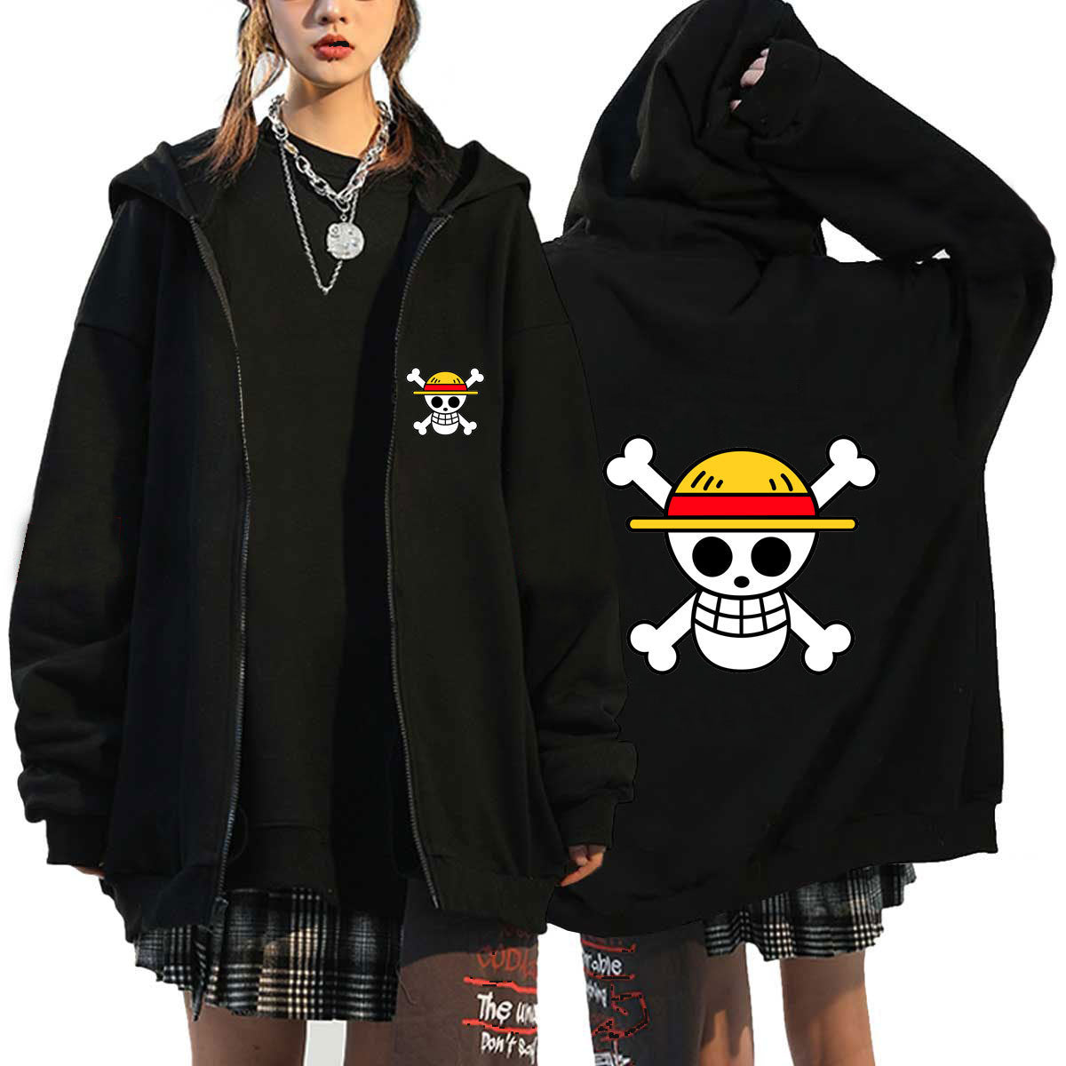 Unisex Straw Hat Logo Printed Zipper Casual Hoodie