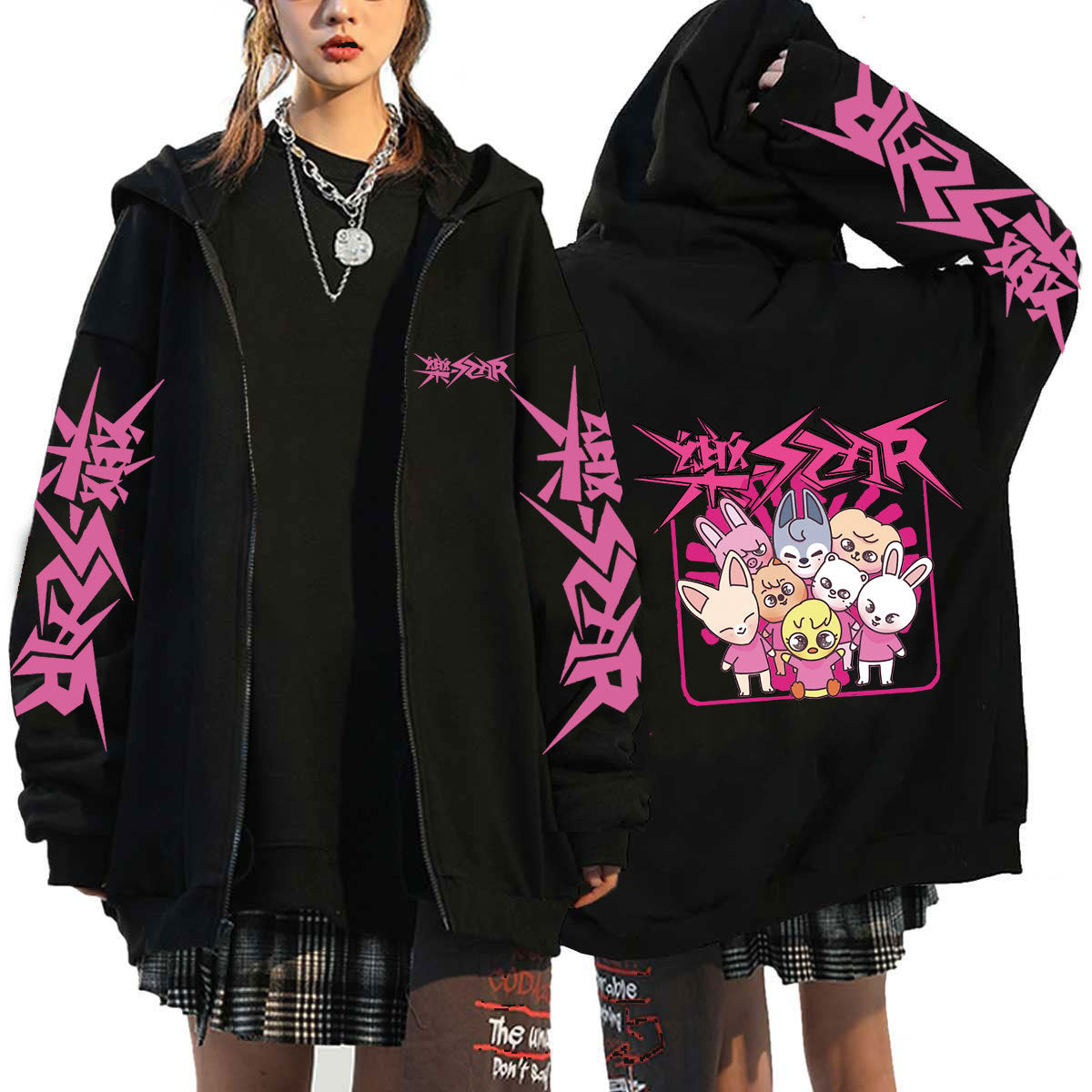 Unisex Chic Kpop Letter Printed Loose Zipper Hoodie