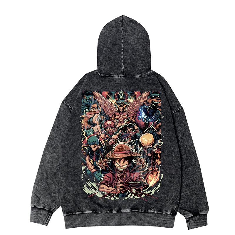 Retro Luffy Anime Zipper Washed Hooded Jacket