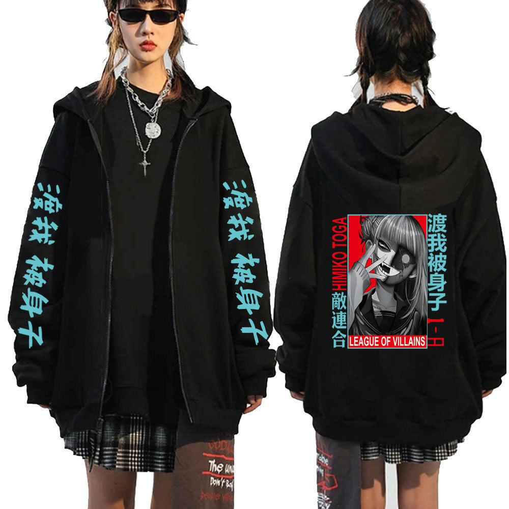 Unisex Casual Anime Printed Zipper Black Hoodie