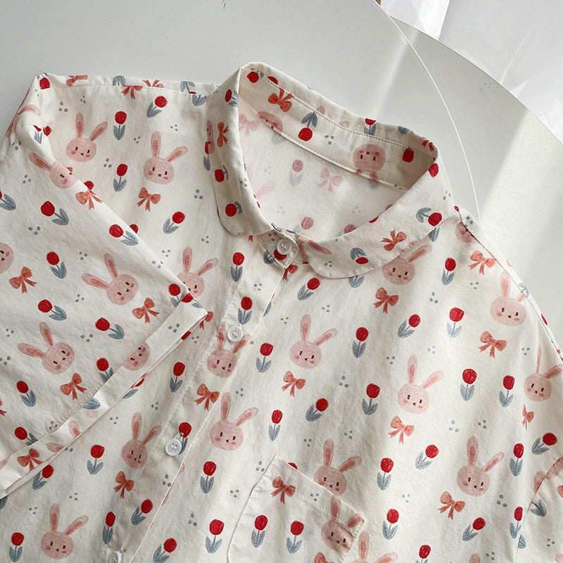 Sweet Cartoon Bunny Print Lapel Short-sleeved Shirt