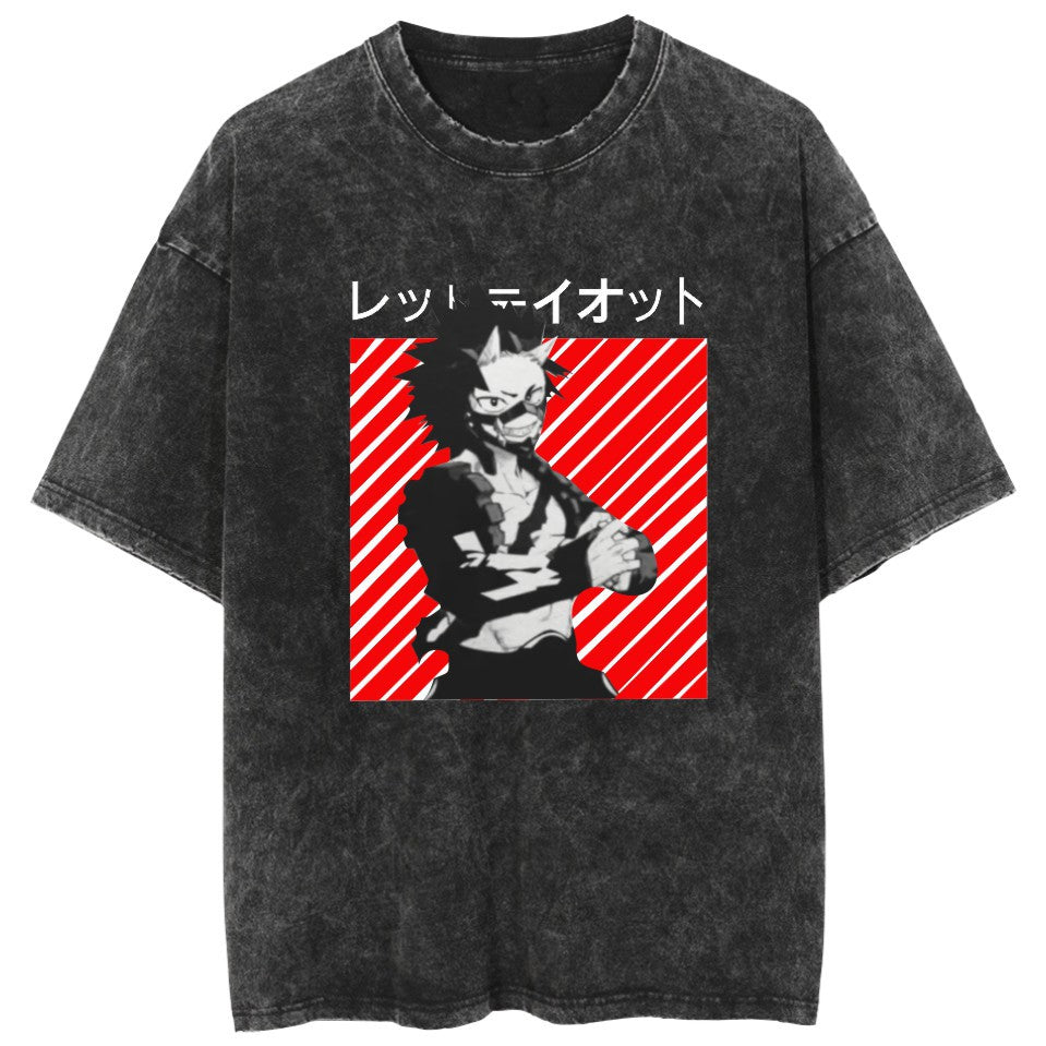 Trendy Anime Pattern Crew Neck Washed T-Shirt