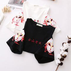 Japanese Letter Embroidery Cartoon Fox Three-quarter Sleeve T-shirt