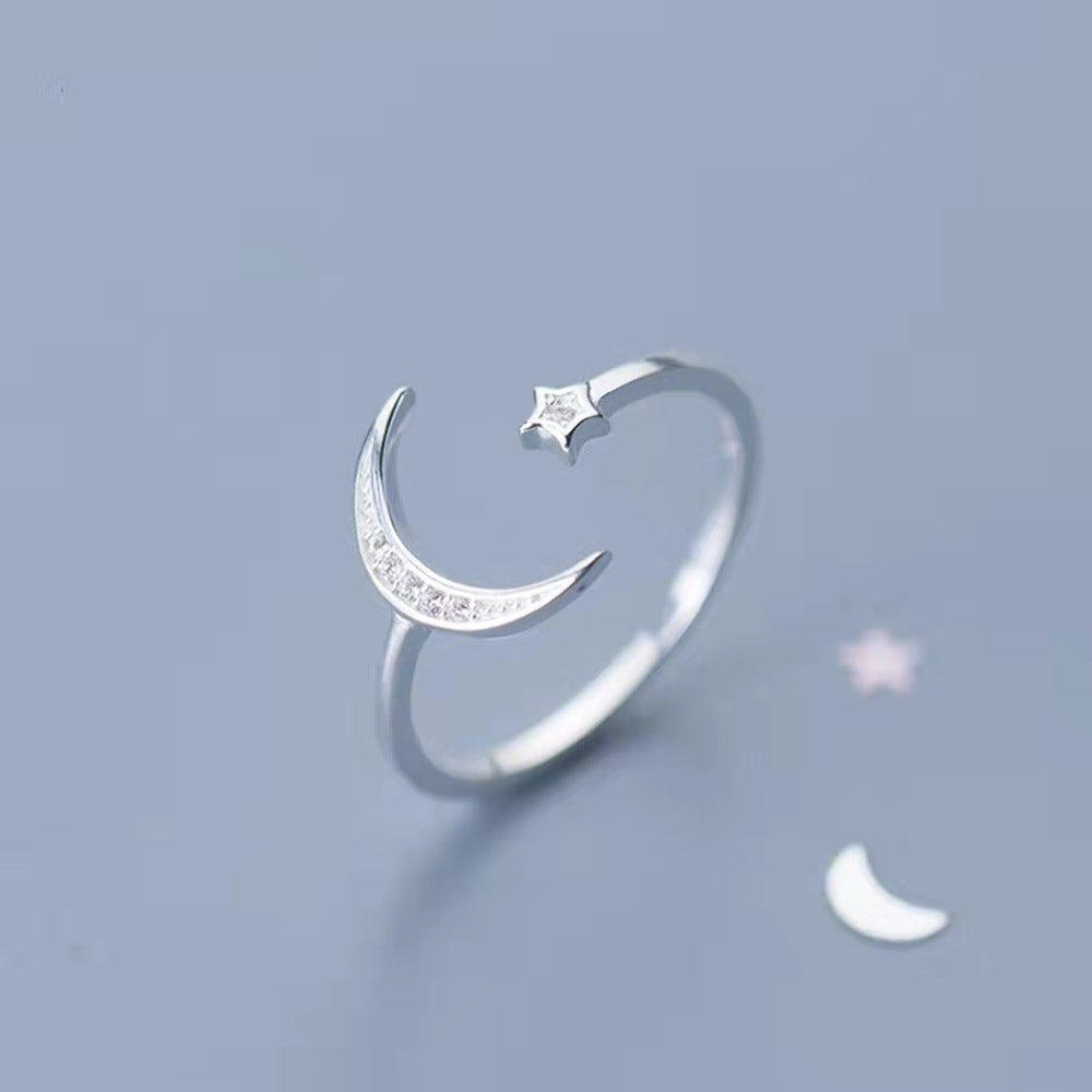 Silver Star Moon Open Ring