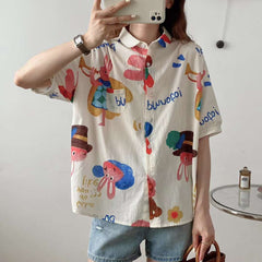 Japanese Style Fresh Bunny Graffiti Printed Loose Women's Shirt