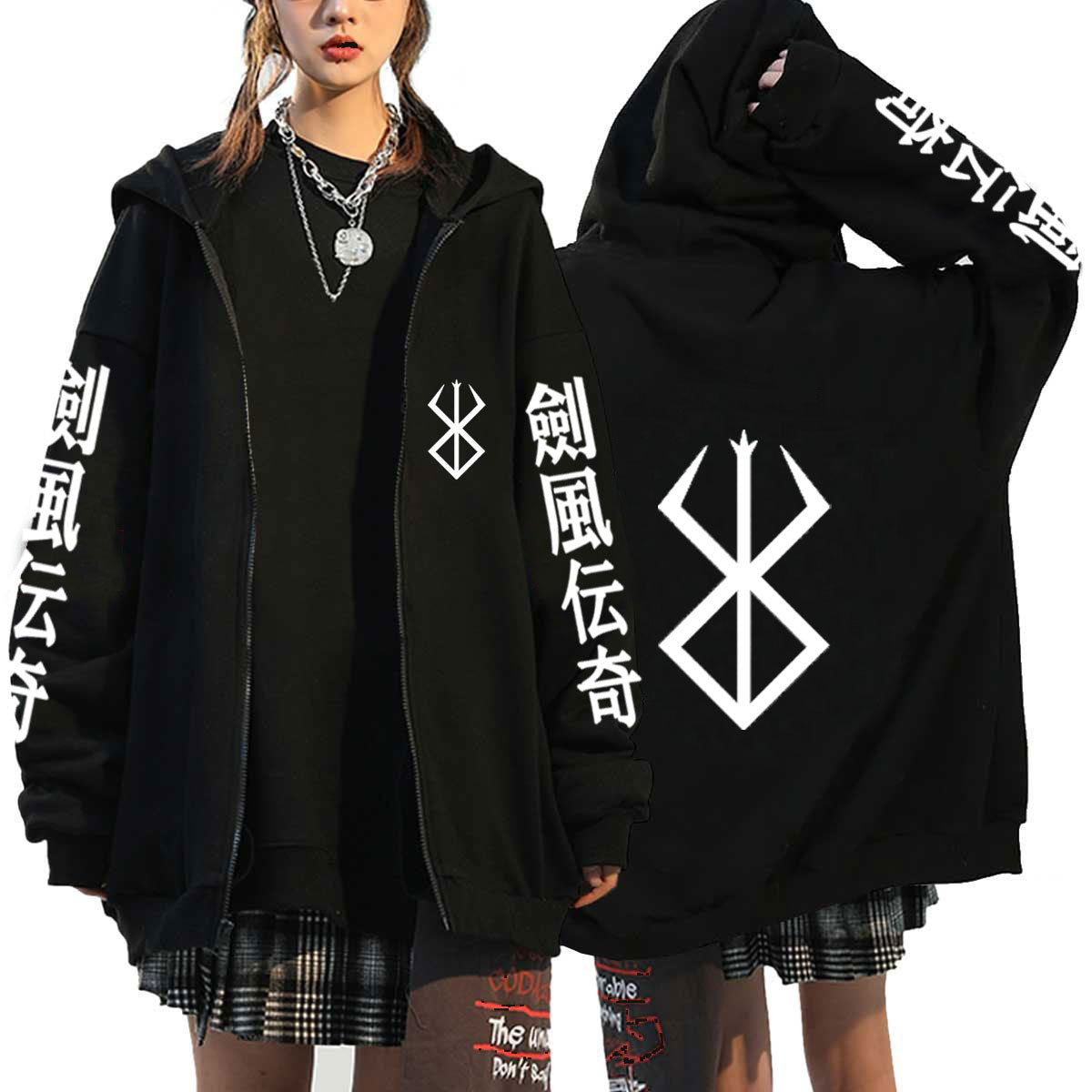 Unisex Anime Print Loose Zipper Black Hoodie