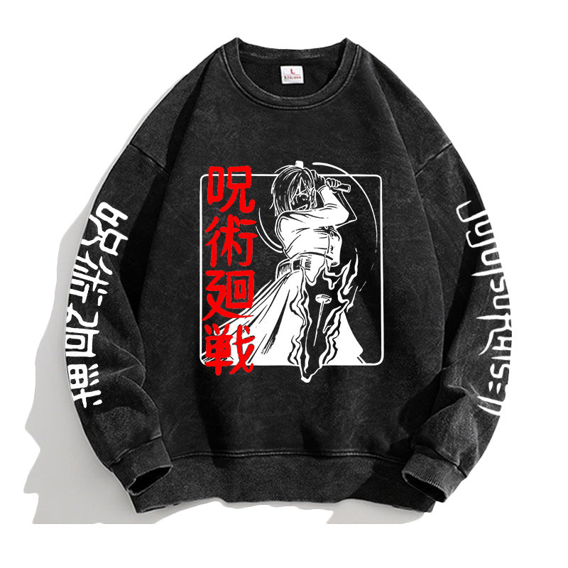 Vintage Washed Round Neck Anime Printed Sweatshirt