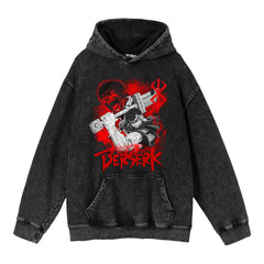 Retro Anime Washed Black Loose Hoodie