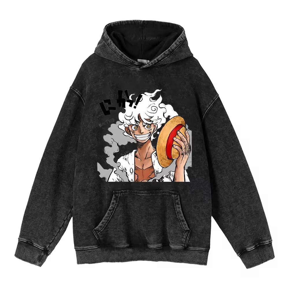 Retro Anime Printed Pullover Washed Hoodie