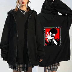 Unisex Anime Printed Zipper Black Pullover Hoodie