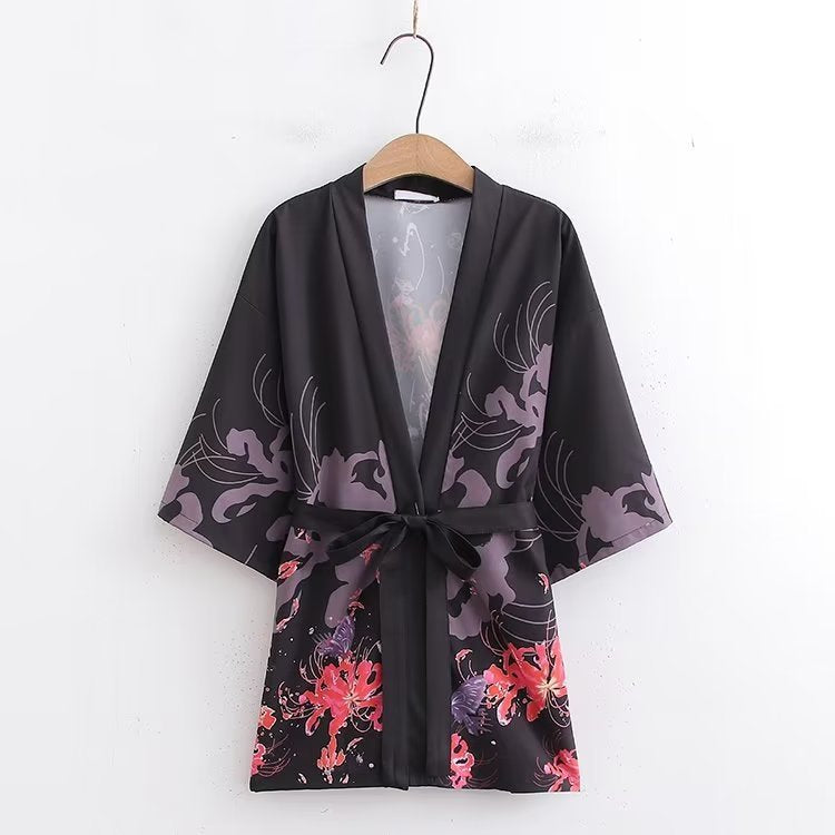 Women's Butterfly Floral Graffiti Print Lace-up Coat Cape