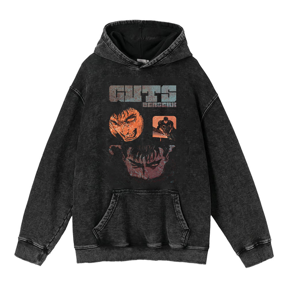 Retro Anime Washed Black Loose Hoodie