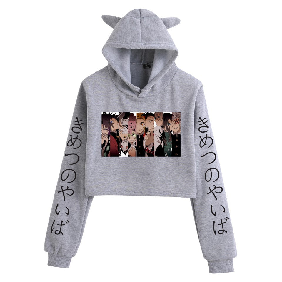 Girls Sexy Anime Print Cat Ears Cropped Hoodie