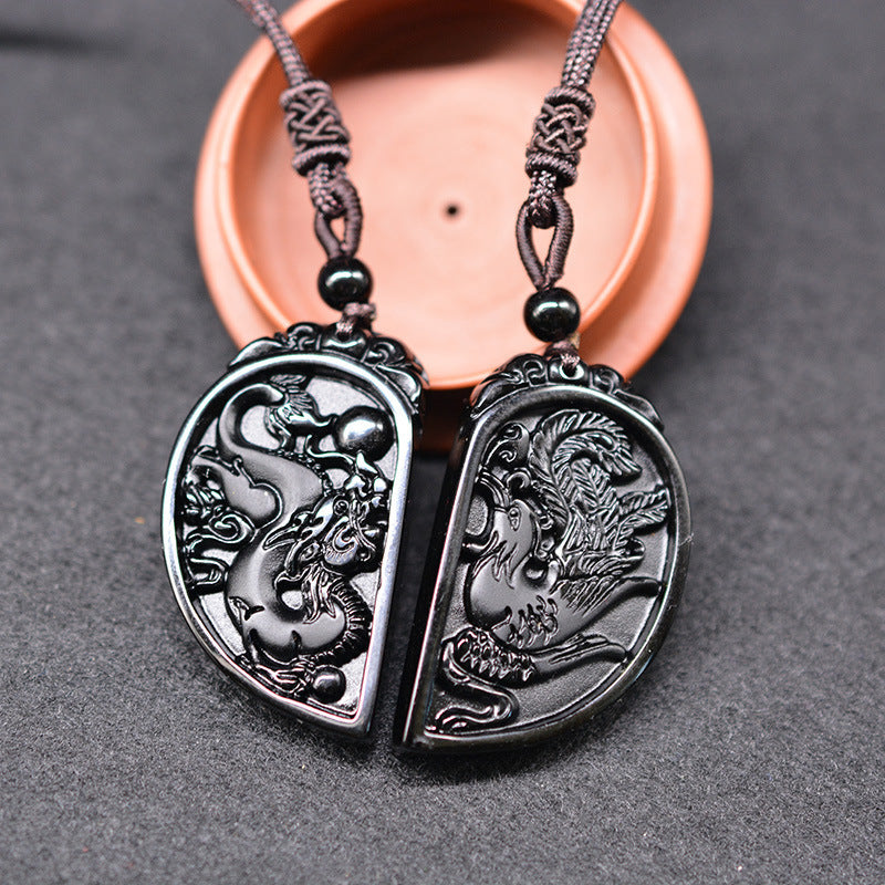Obsidian Dragon and Phoenix Pendant Necklace