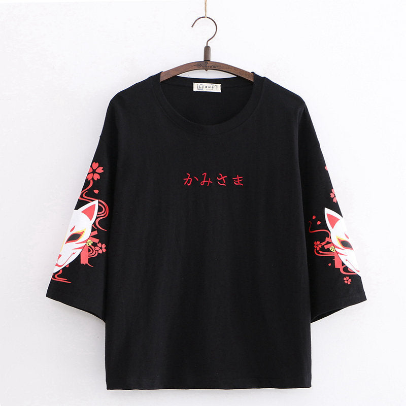 Japanese Letter Embroidery Cartoon Fox Three-quarter Sleeve T-shirt