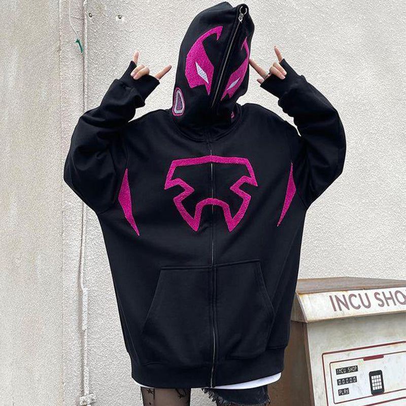 Unisex Gothic Dark Spider Print Zip Up Loose Hoodie