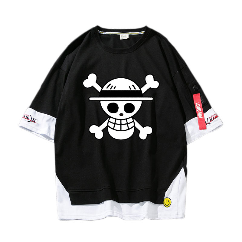 Trendy Anime Luffy Fake Two Piece Short-sleeved T-shirt