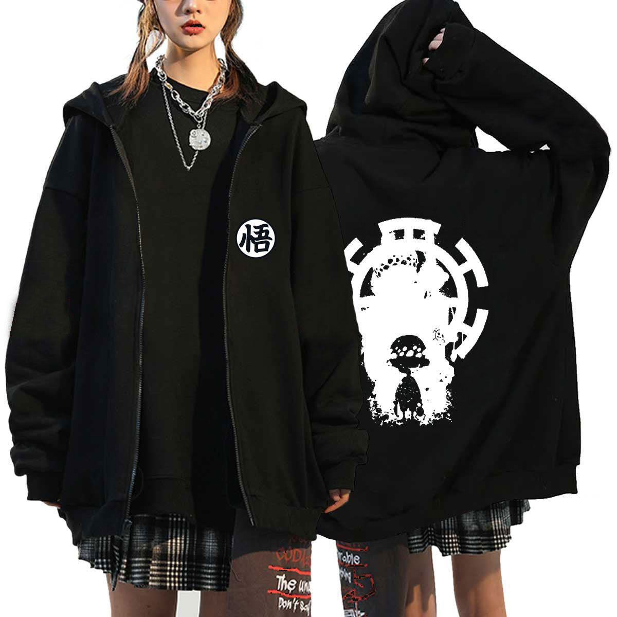 Versatile Anime Printed Zipper Black Hoodie