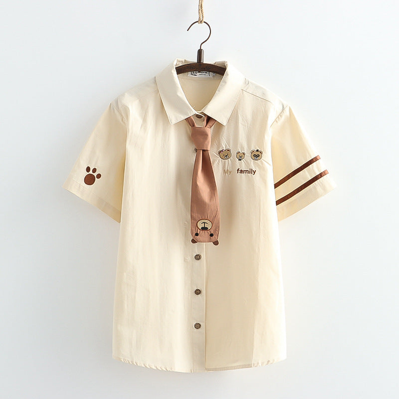 Japanese Style Bear Embroidered Loose Short-sleeved Shirt