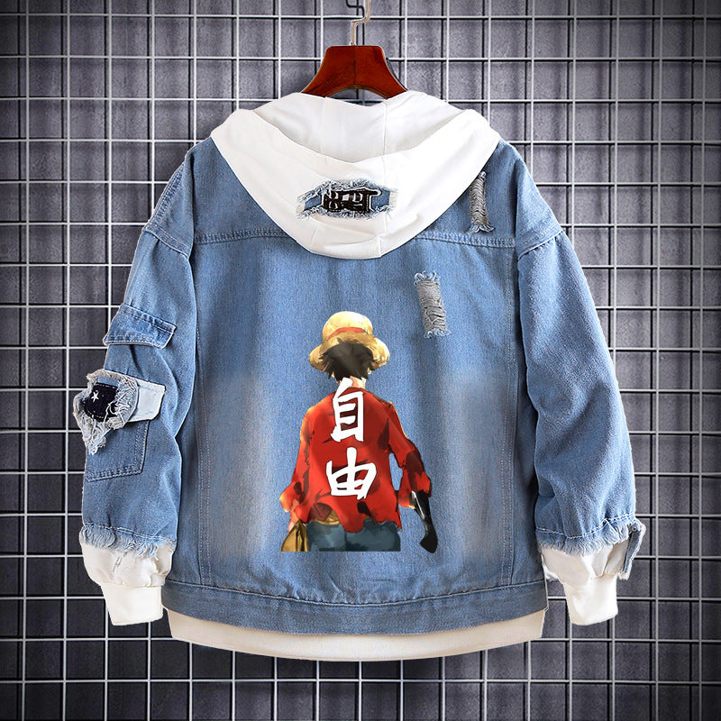 Unisex Luffy Graphic Print Hooded Denim Jacket