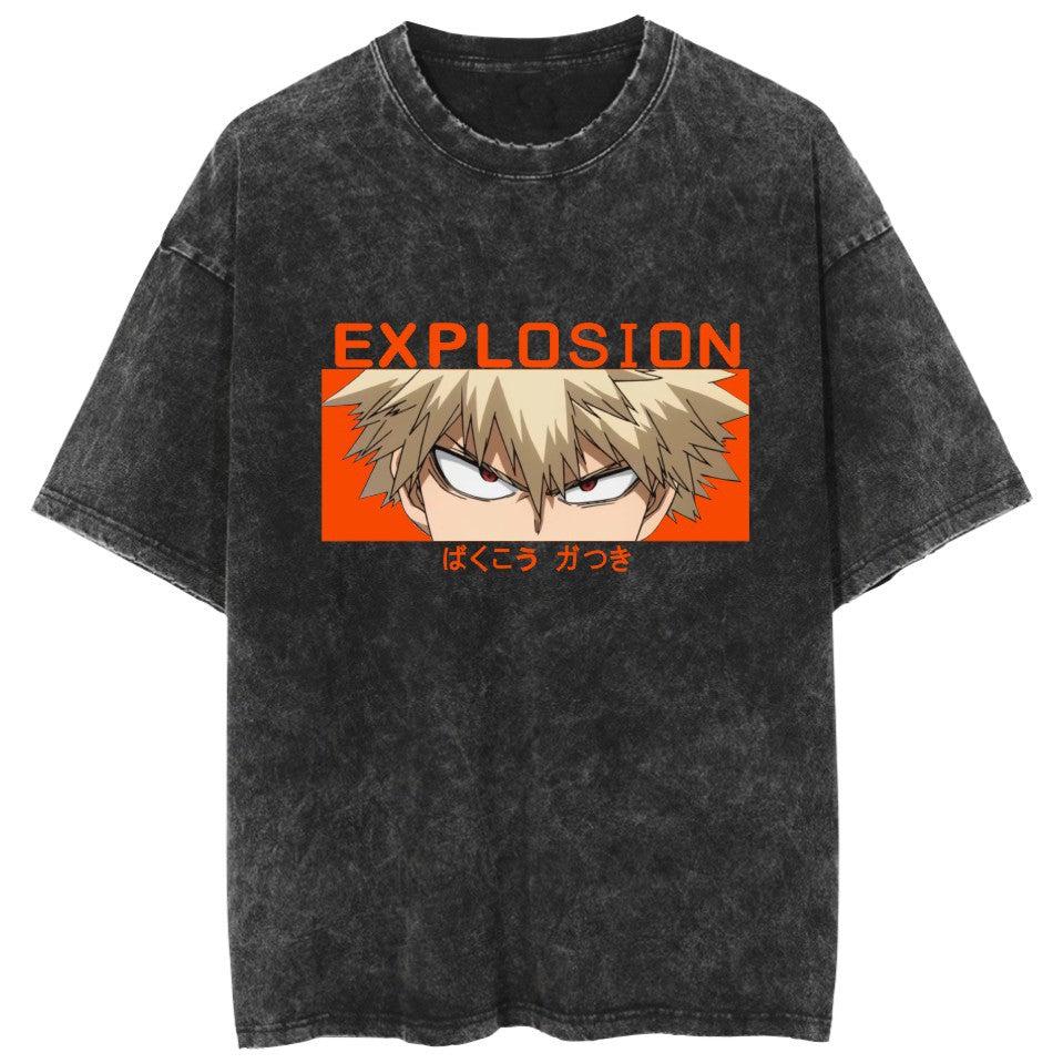 Trendy Anime Pattern Crew Neck Washed T-Shirt